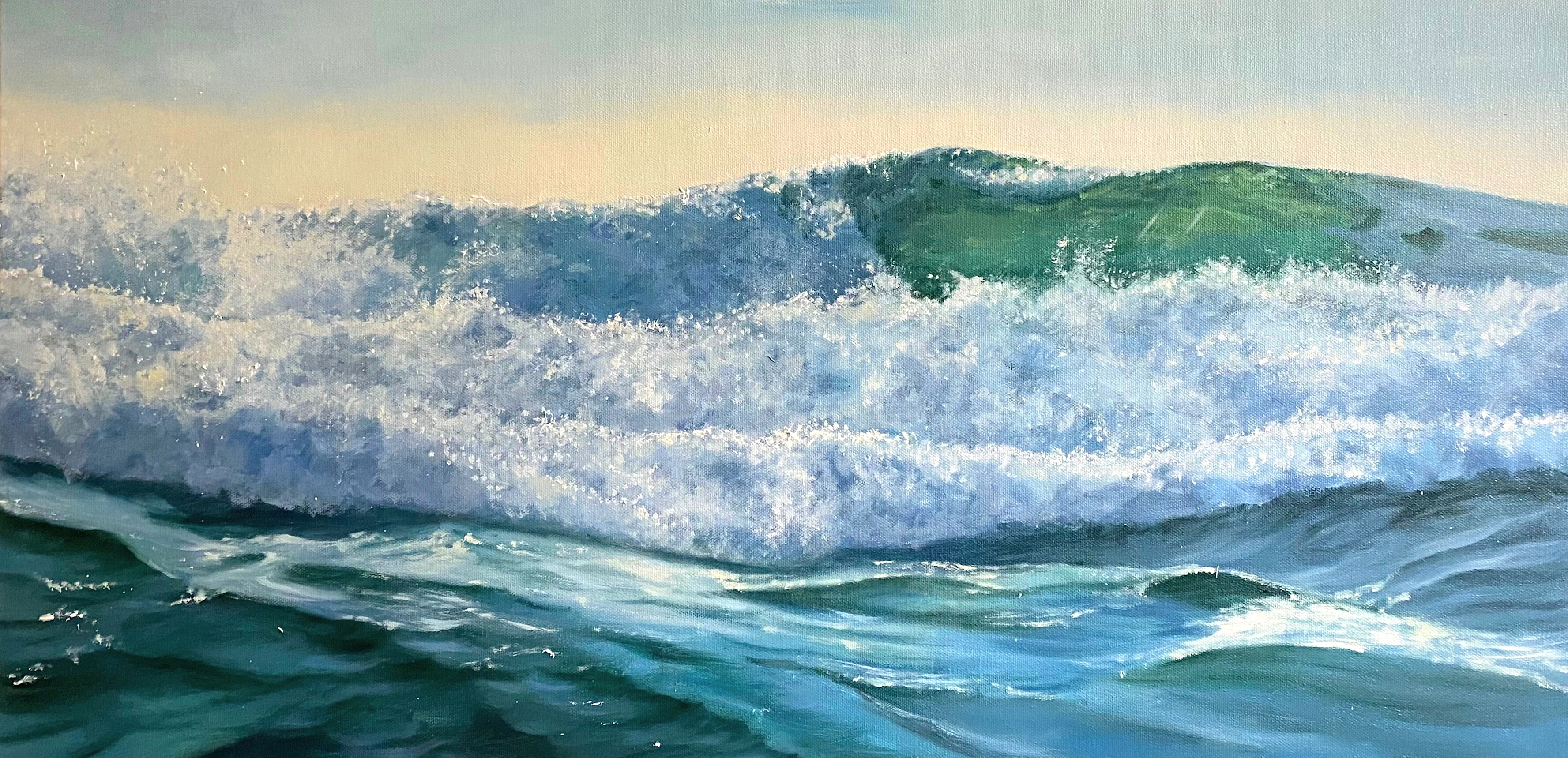 Tableau intitulé Horizon Radieux, représentant une vague marine réaliste aux teintes bleu-vert, capturant le mouvement et l'énergie de l'eau avec des détails lumineux.